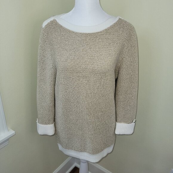 Karen Scott Gold & Ivory Glitter Metallic Pattern Pullover Sweater Women’s SZ M - Picture 2 of 13